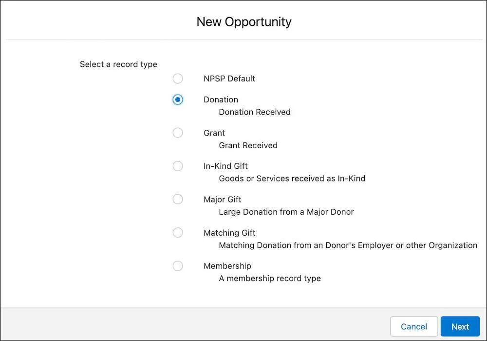 Selecting a record type on the New Opportunity page