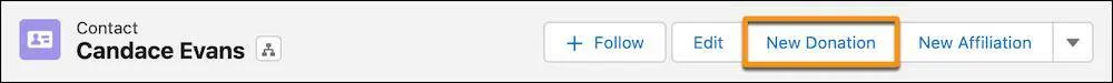 The New Donation quick action on a contact record