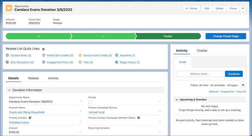 The new opportunity record for Candace Evans’s donation