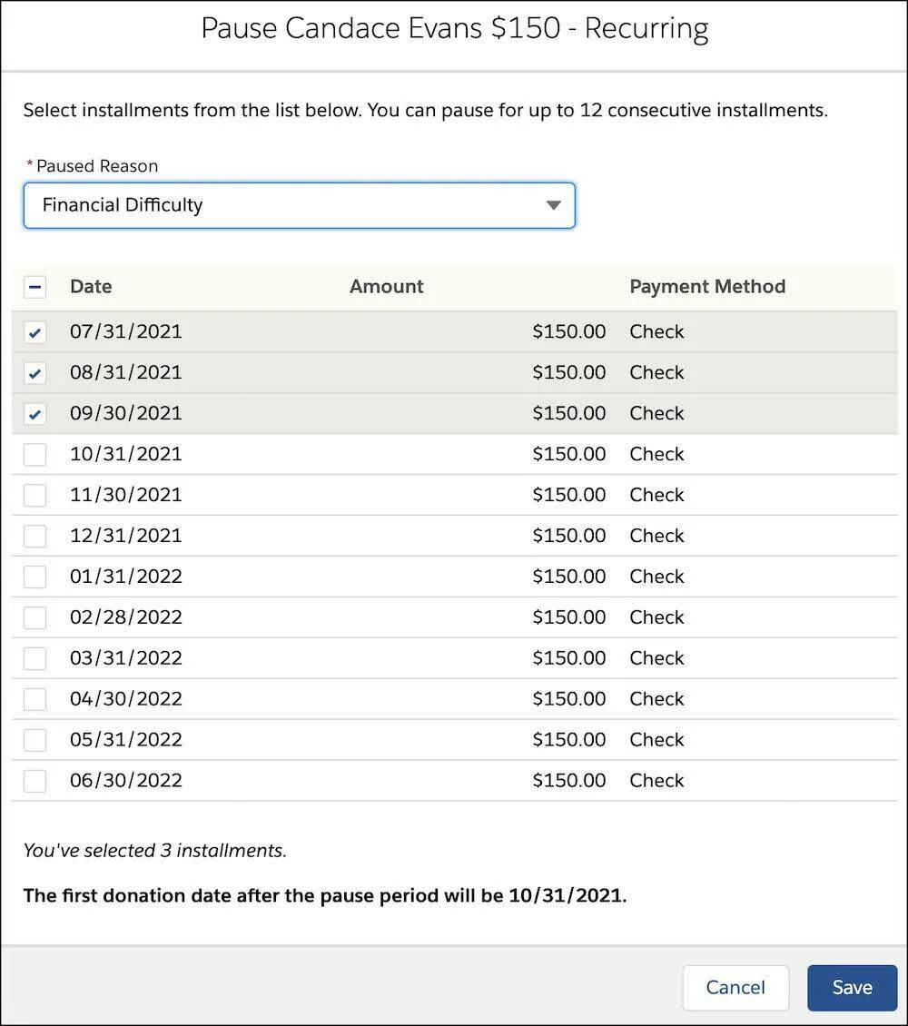 The Pause Candace Evans $150 - Recurring page with three months of payments selected and Financial Difficulty listed as the Paused Reason