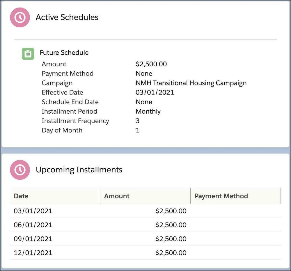 Current Recurring Donation Active Schedule and the Date, Amount, and Payment Method information for four Upcoming Installments