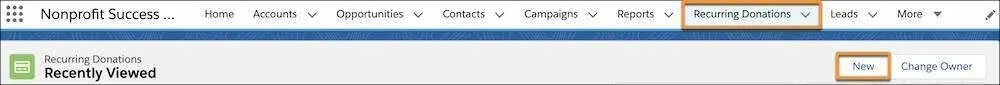 Recurring Donations tab with the New button