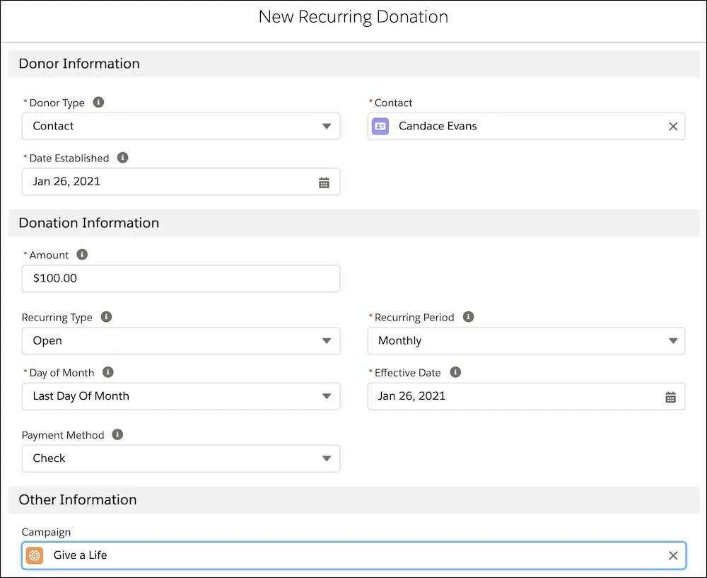 New Recurring Donation form, including Donor Type, Date Established, Contact, Recurring Type, Amount, Day of Month, Payment Method, Campaign, Effective Date, and Recurring Period fields