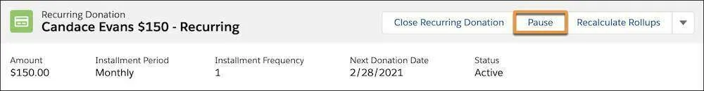 Candace’s Recurring Donation record and the Pause button