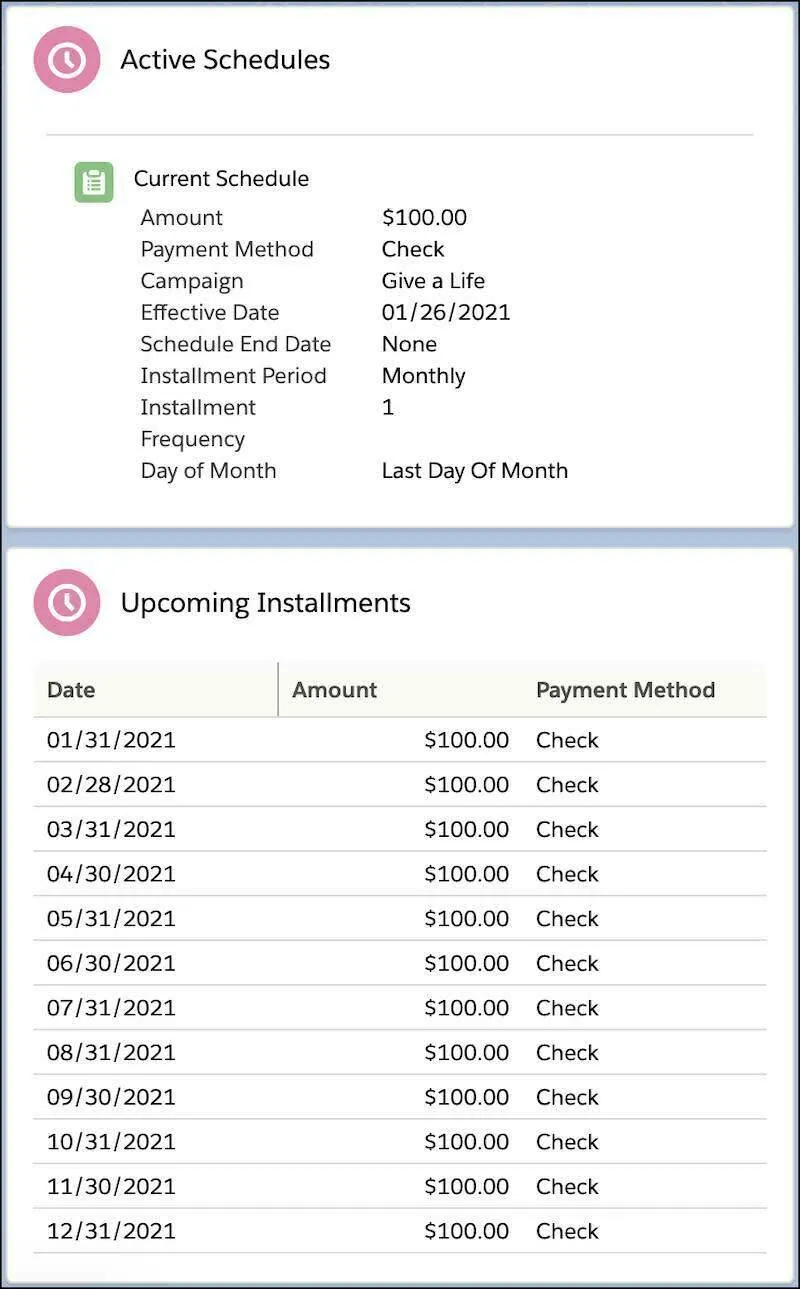 Current Recurring Donation Active Schedule and 12 Upcoming Installments, each with information in the Date, Amount, and Payment Method columns