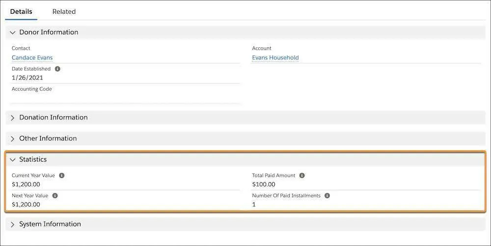 The Details tab of a new recurring donation on the Contact record, including the Statistics section which includes the updated Paid Amount, the Total Paid Installments, and the Current and Next Year value