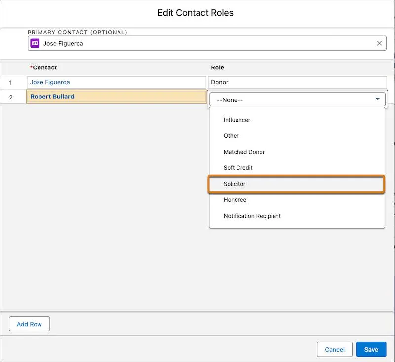 Manage Contact Roles detail, showing Contact name and Role type