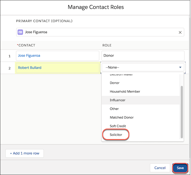 Manage Contact Roles detail, showing Contact name and Role type