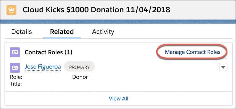 Opportunity Contact Roles Related list highlighting Manage Contact Roles