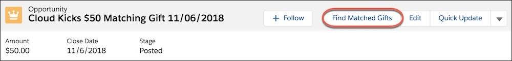Opportunity Detail page highlighting Find Matched Gifts button