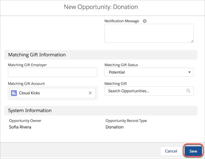 New Opportunity: Donation form, showing Matching Gift information and highlighting Save