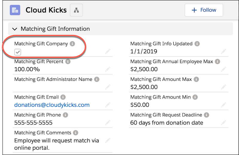 The Matching Gift Information included on the Account Record, highlighting the Matching Gift Company Section