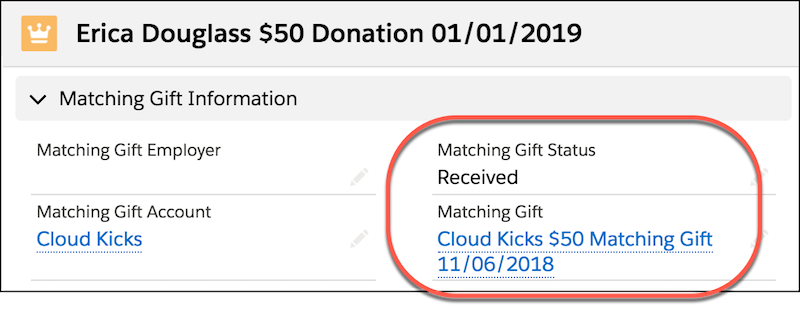 Opportunity Detail highlighting Matching Gift Status