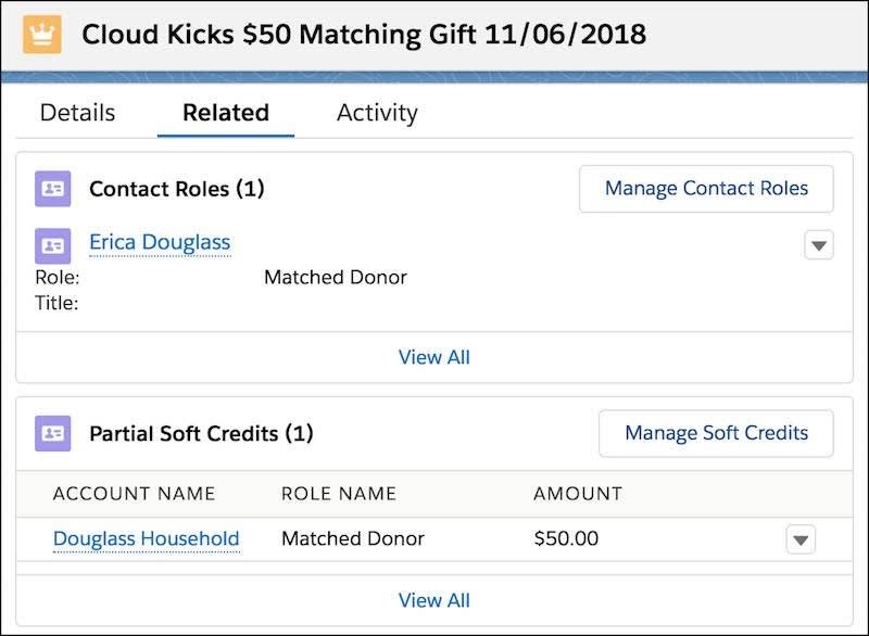 Matching Gifts Related View showing Contact Roles