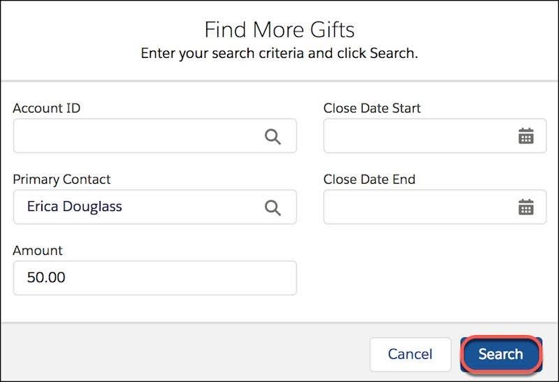  Find More Gifts search form, including Primary Contact, Close Date options, and other fields