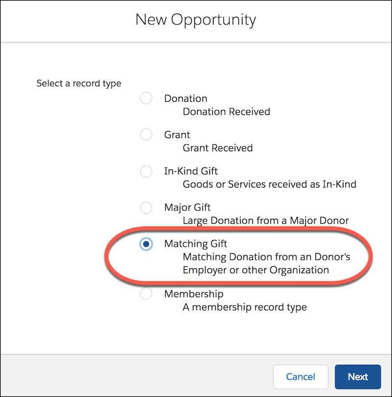 New Opportunity form, showing record type options