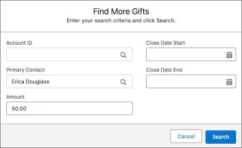 Formulaire de recherche Trouver plus de dons, qui comprend Contact principal, les options de Date de clôture ainsi que d’autres champs