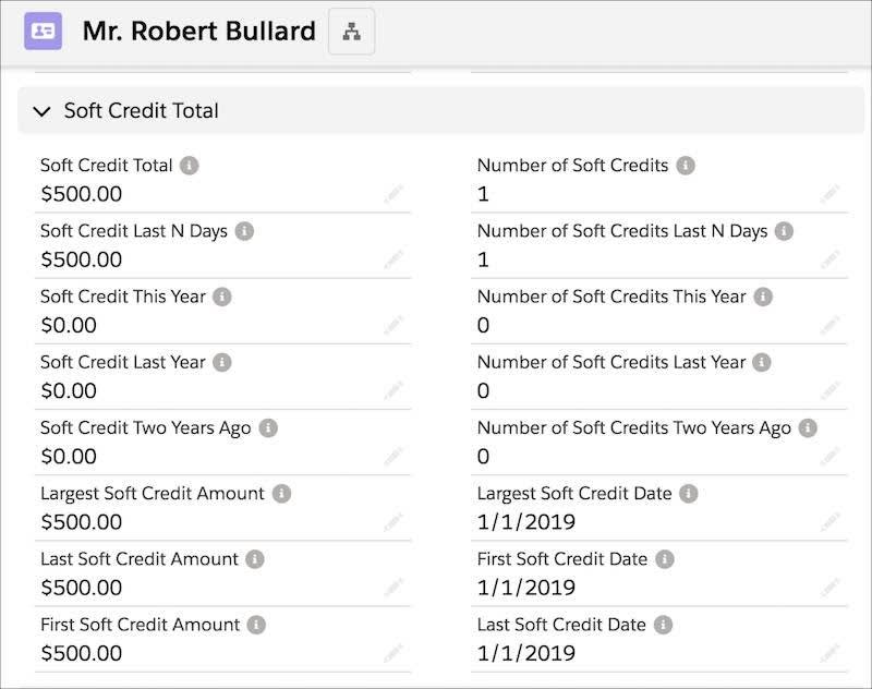 The Contact Record, including the Soft Credit fields rolling up into the total