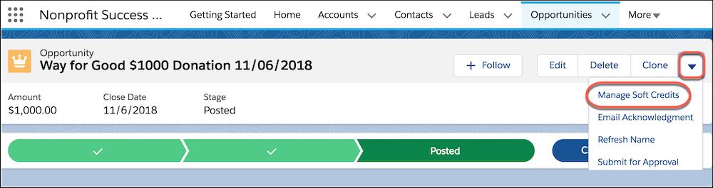 Opportunity Detail Page highlighting Manage Soft Credits menu item