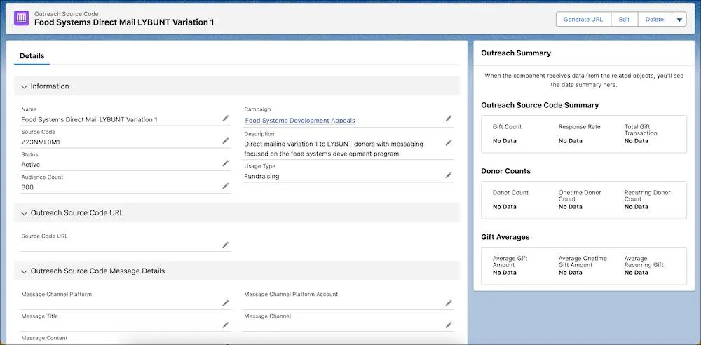 The outreach source code record with Outreach Summary component showing rollup fields.