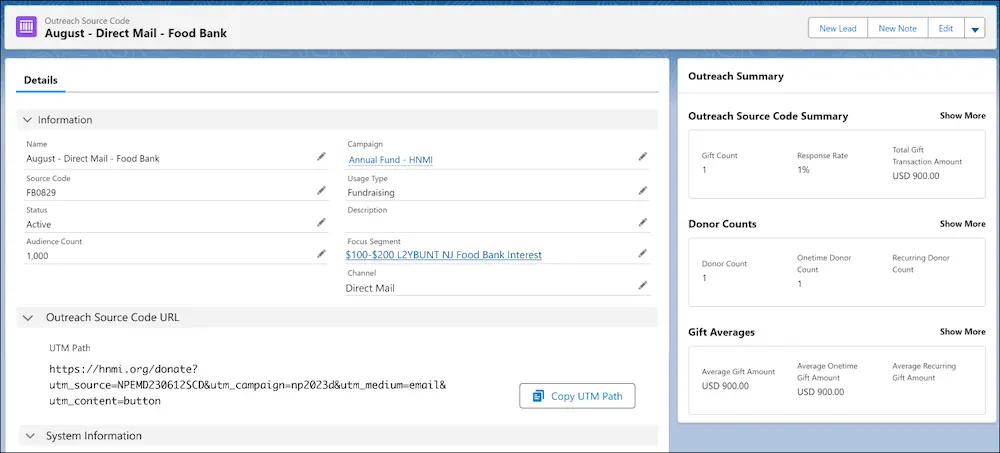 An outreach source code record for a direct-mail appeal that includes several outreach summary rollup fields.