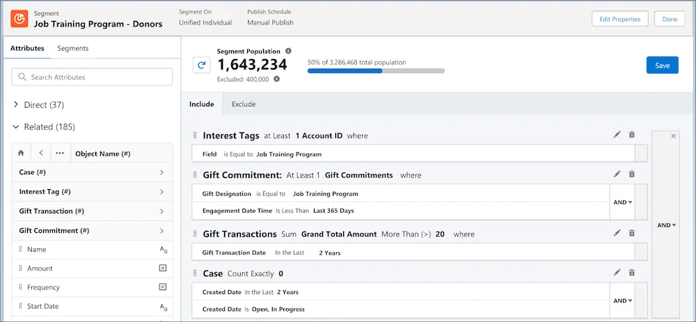 A segment in Data Cloud using interest tags, gift commitments, gift transactions, and cases as criteria.