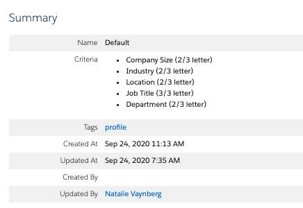 A Pardot grading profile with designated grading criteria.