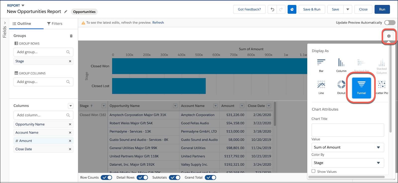 Click the Settings icon to change the chart type displayed on your report.