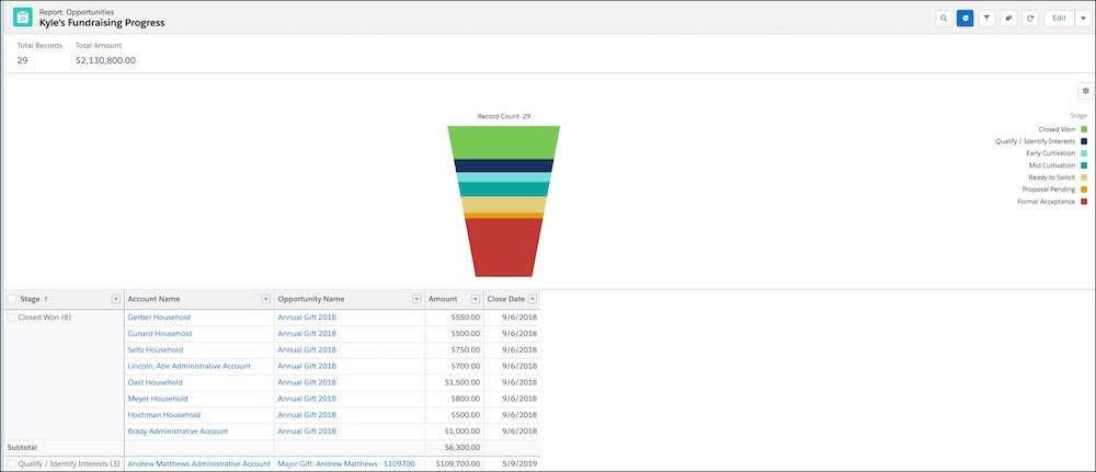 Salesforce Report for Director of Annual Giving Fundraising Progress