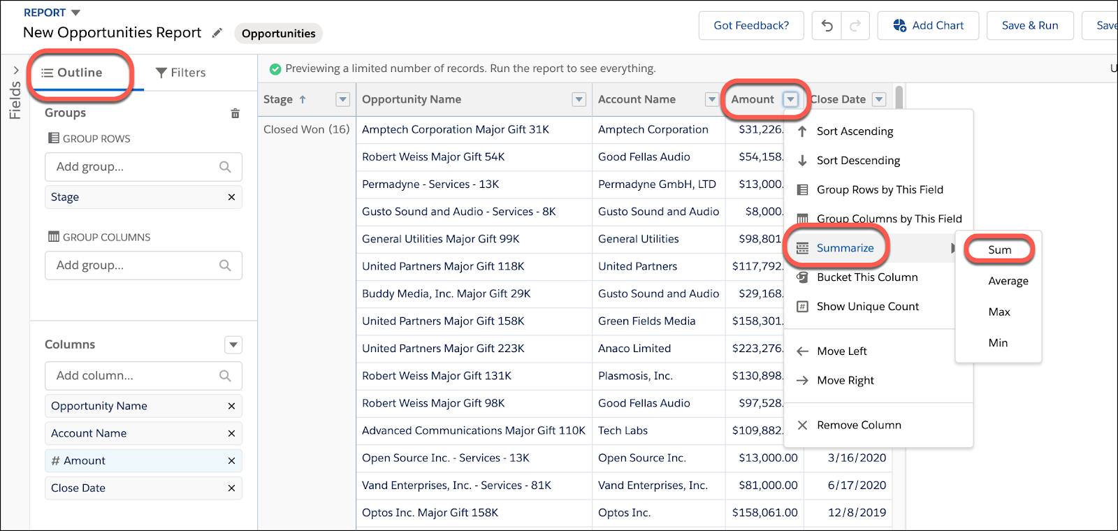 Select the Outline tab, click the dropdown arrow on the Amount column, select Summarize, then Sum.