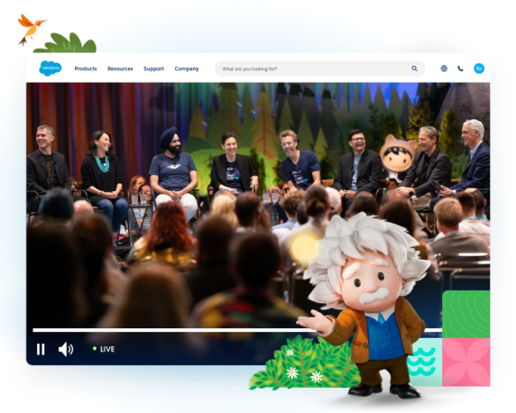 A computer screen with an image of Salesforce experts sitting on a stage engaging in conversation.