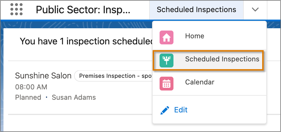 Scheduled Inspections selected in the app navigation menu.