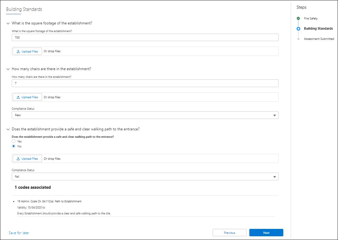 Assessment questions under the Building Standards category in the assessment form.