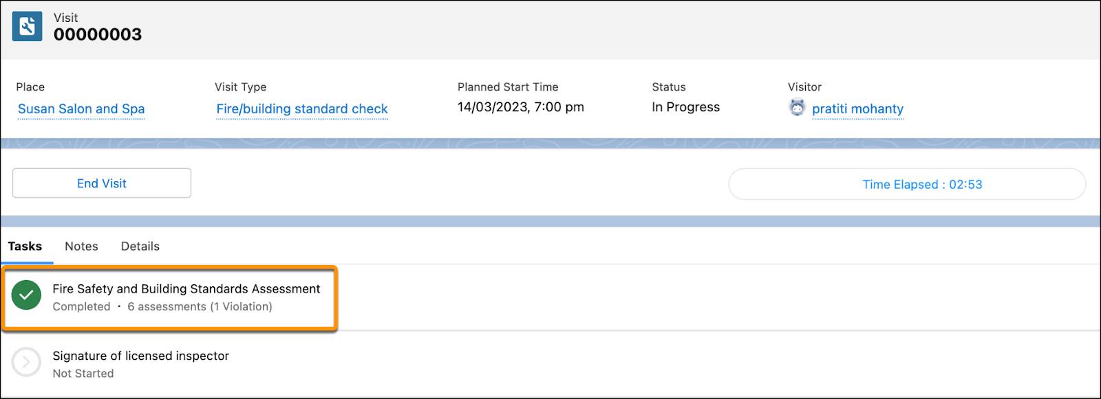 Completed Fire Safety and Building Standards Assessment task on the Visit screen.