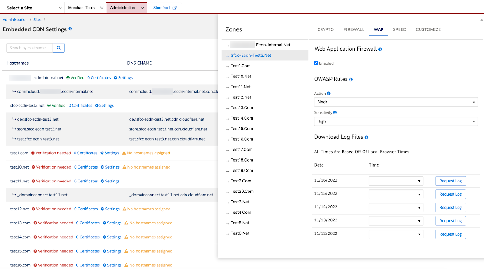 In Business Manager, specify the zone’s WAF Settings.