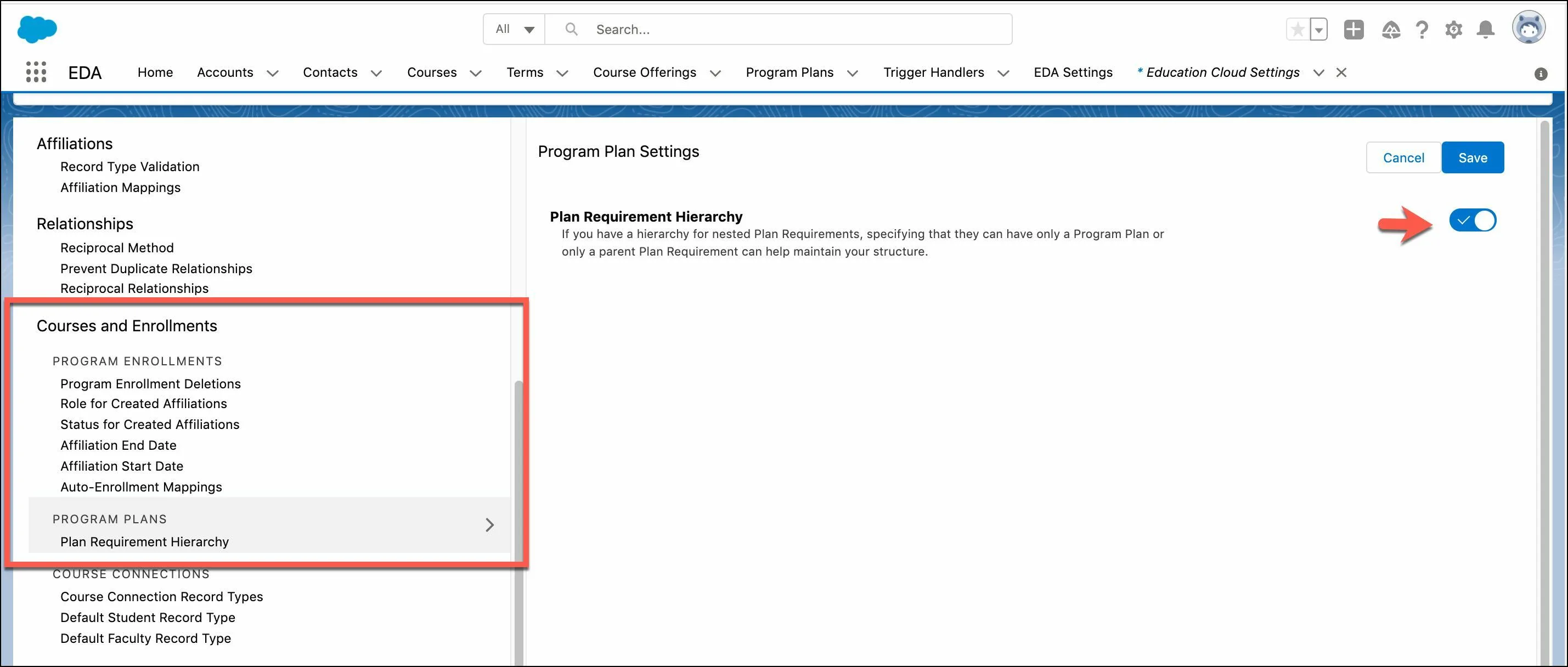 Enable Plan Requirement Hierarchy in Program Plan Settings.