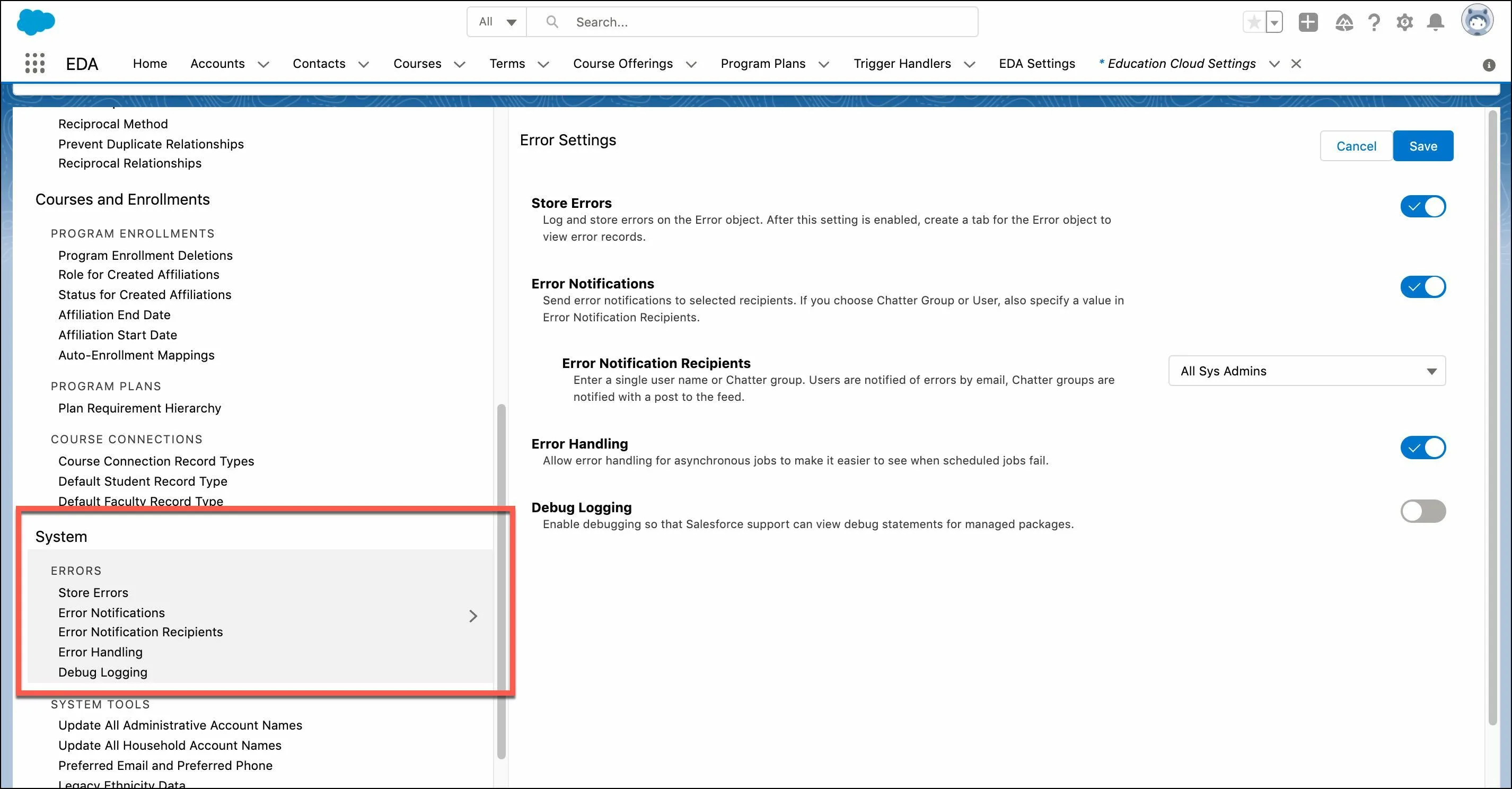 Update error handling settings in the System section.