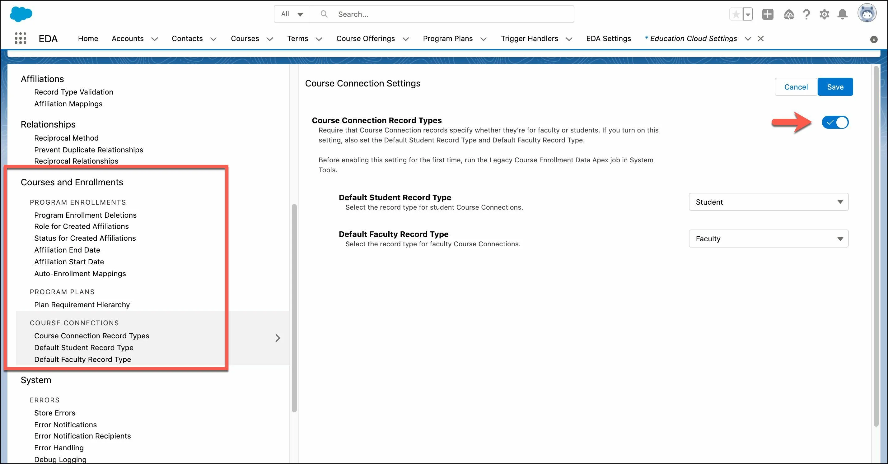 Enable Course Connection Record Types.