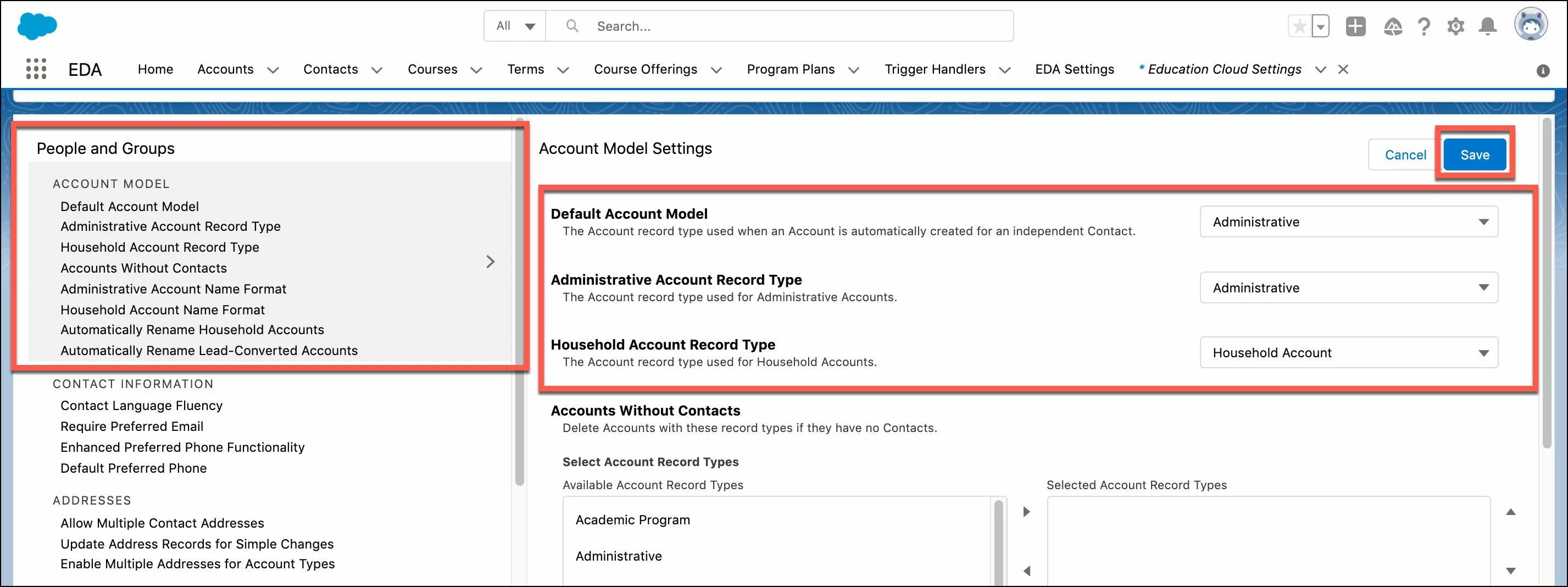 Update account model settings by making a selection from the dropdown menu and clicking Save.