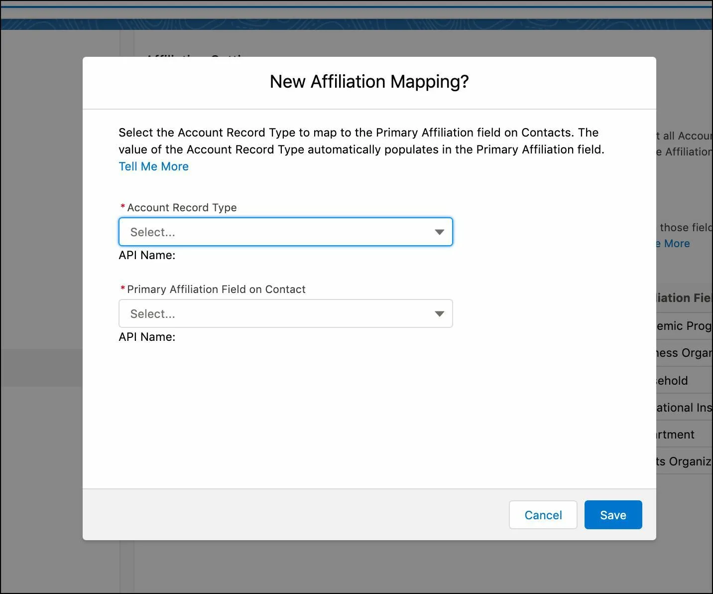 Select the Account Record Type and Primary Affiliation Field on Contact from the respective drop-down lists.