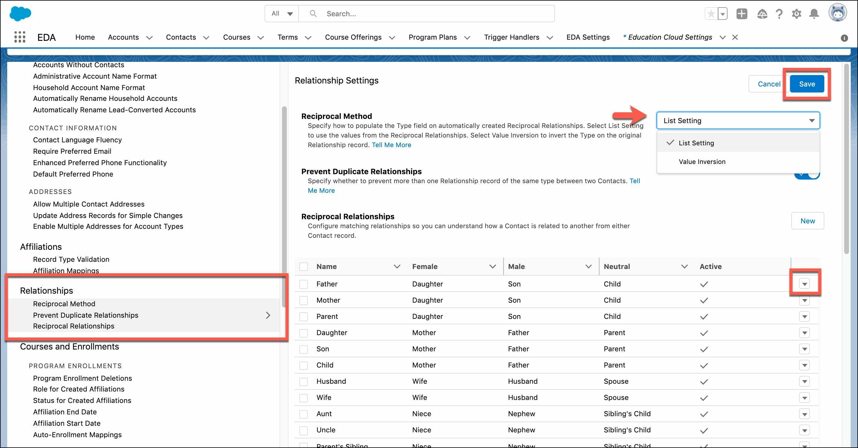 Configure reciprocal relationships in Relationship Settings.