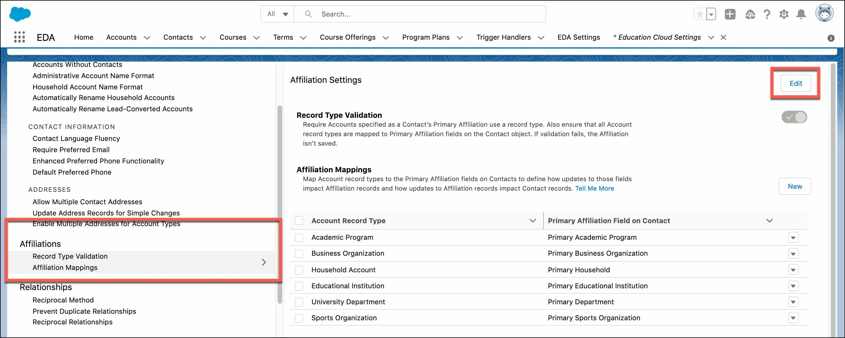 Select the Edit button to edit or delete an existing affiliation mapping.