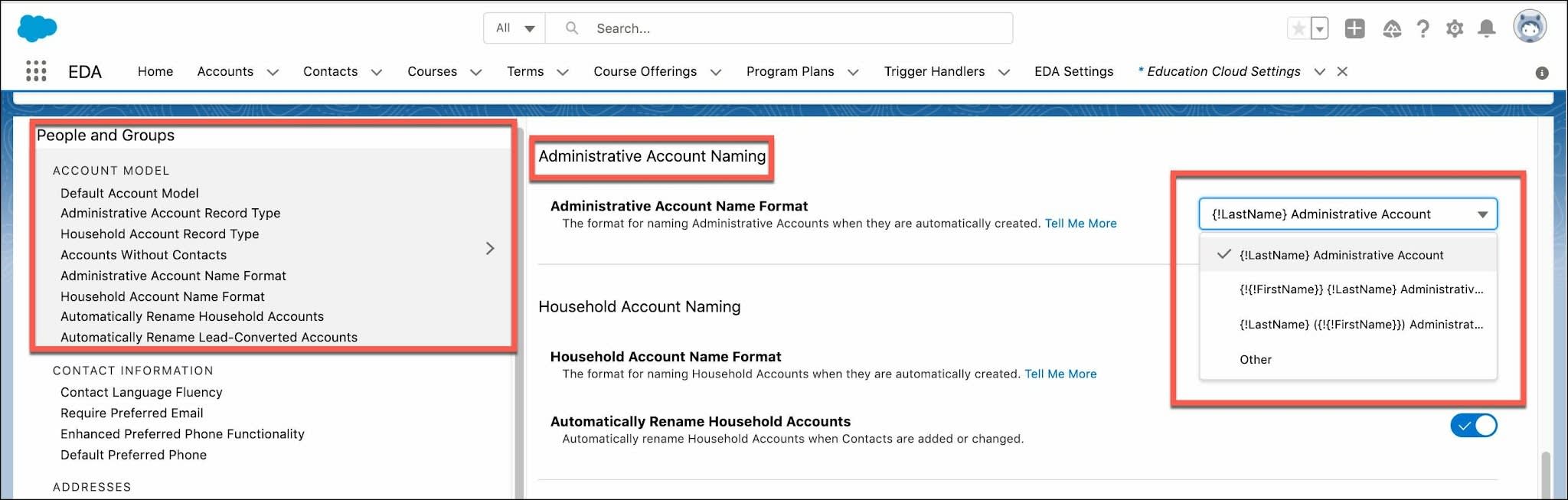 Make changes to the Administrative Account Naming format in the Account Model settings.