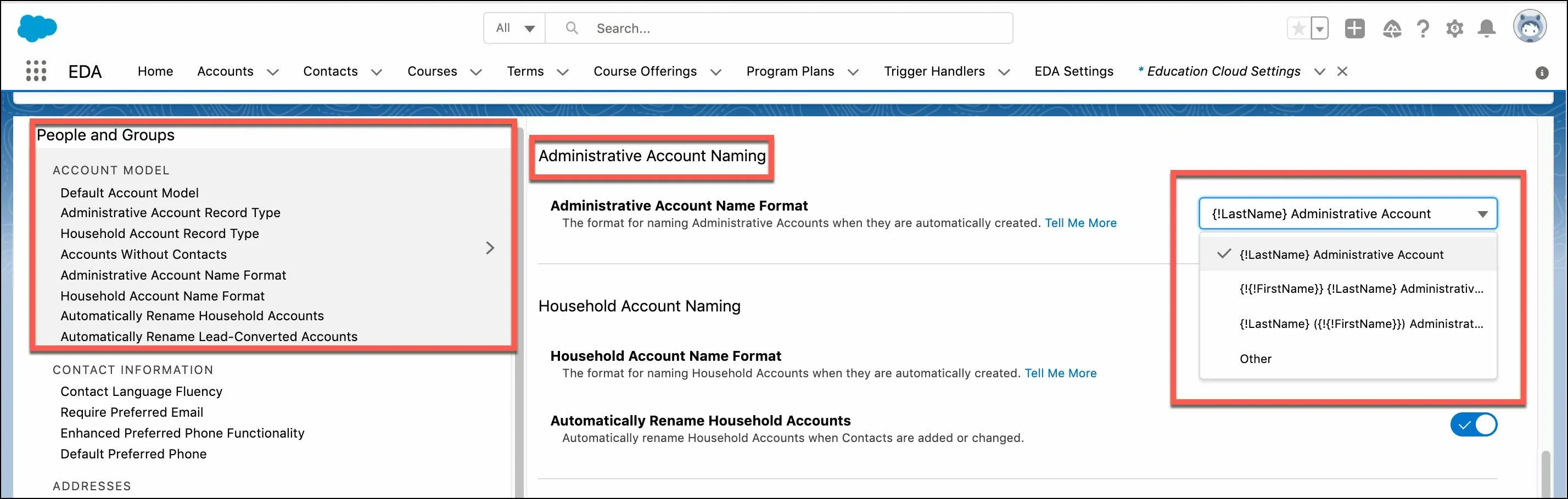 Make changes to the Administrative Account Naming format in the Account Model settings. 