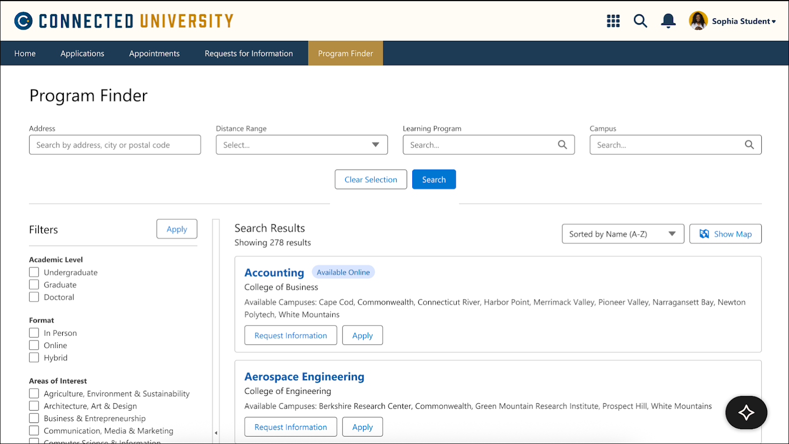 Program Finder tab of the Applicant Portal.
