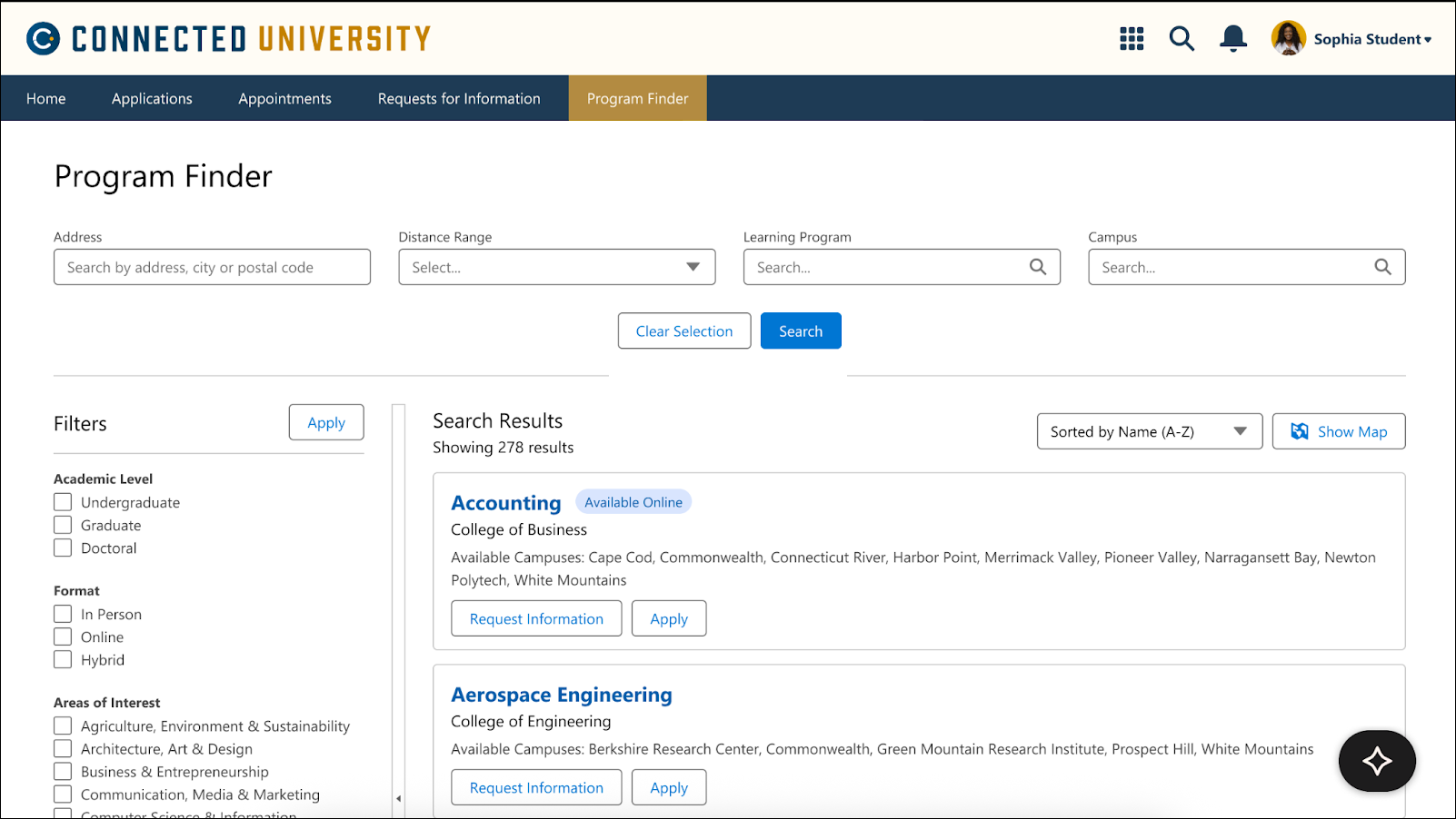 Program Finder tab of the Applicant Portal.