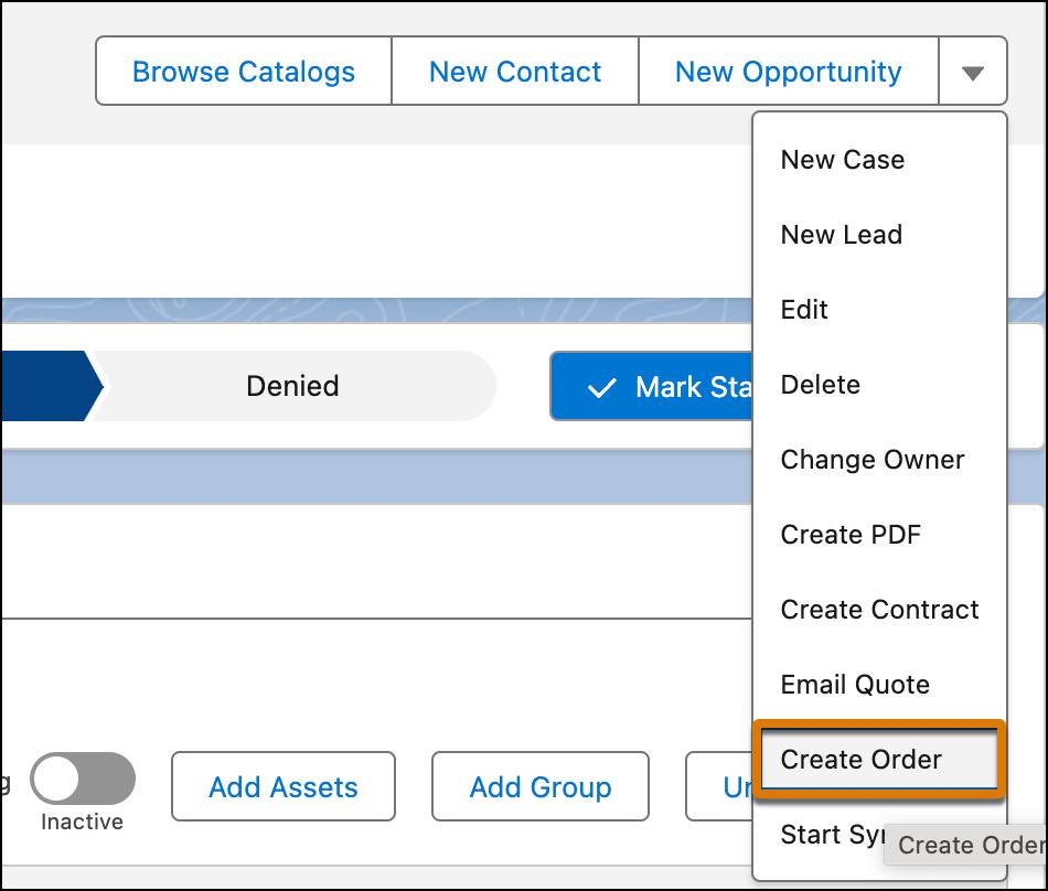The Create Order action button.