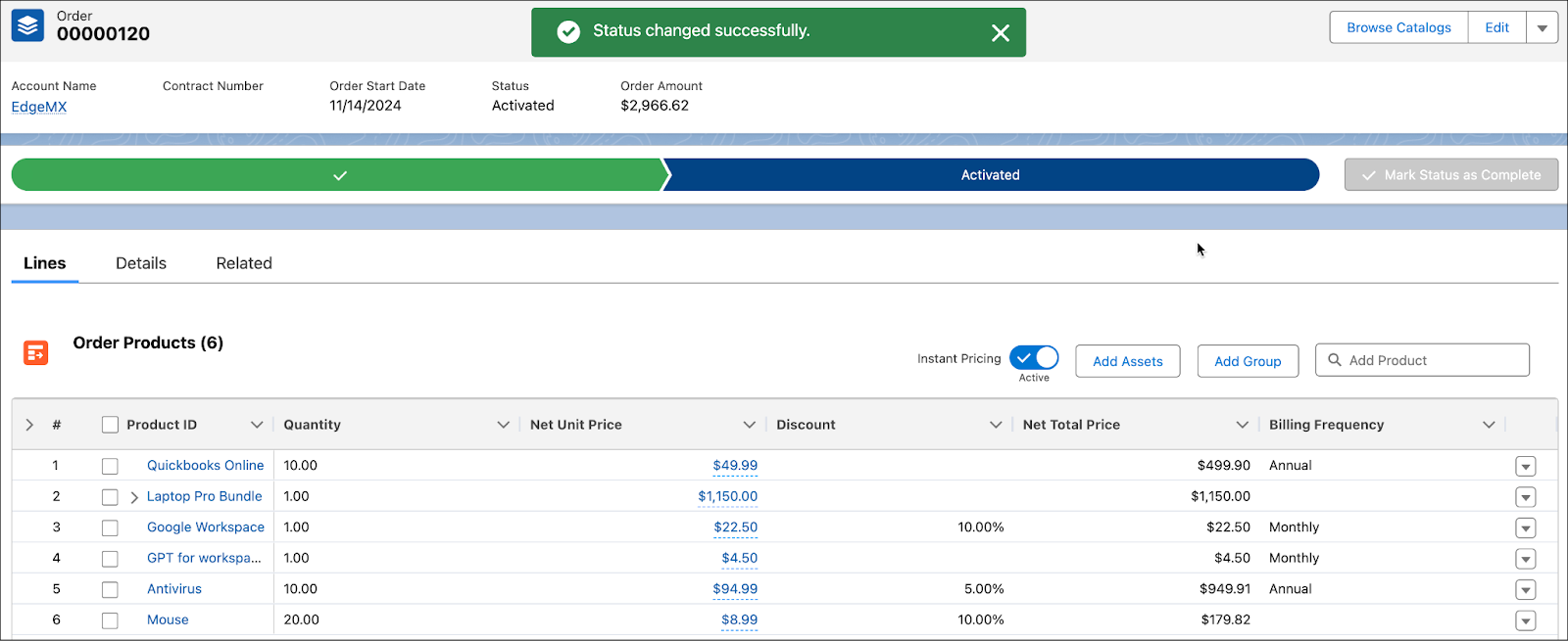 有効化された注文。