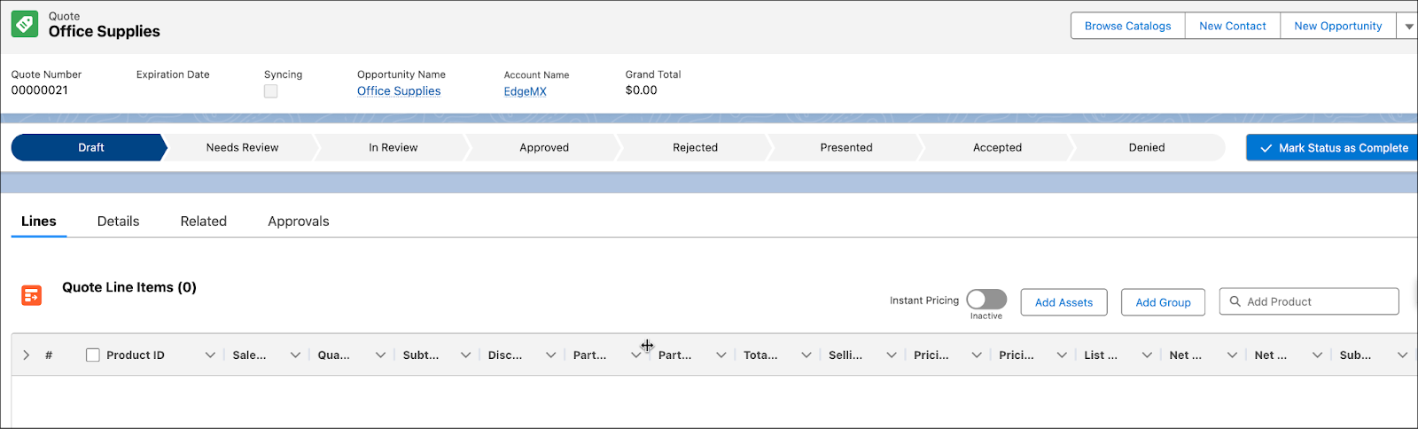 作成された [Office Supplies (オフィス用品)] 見積ページ。