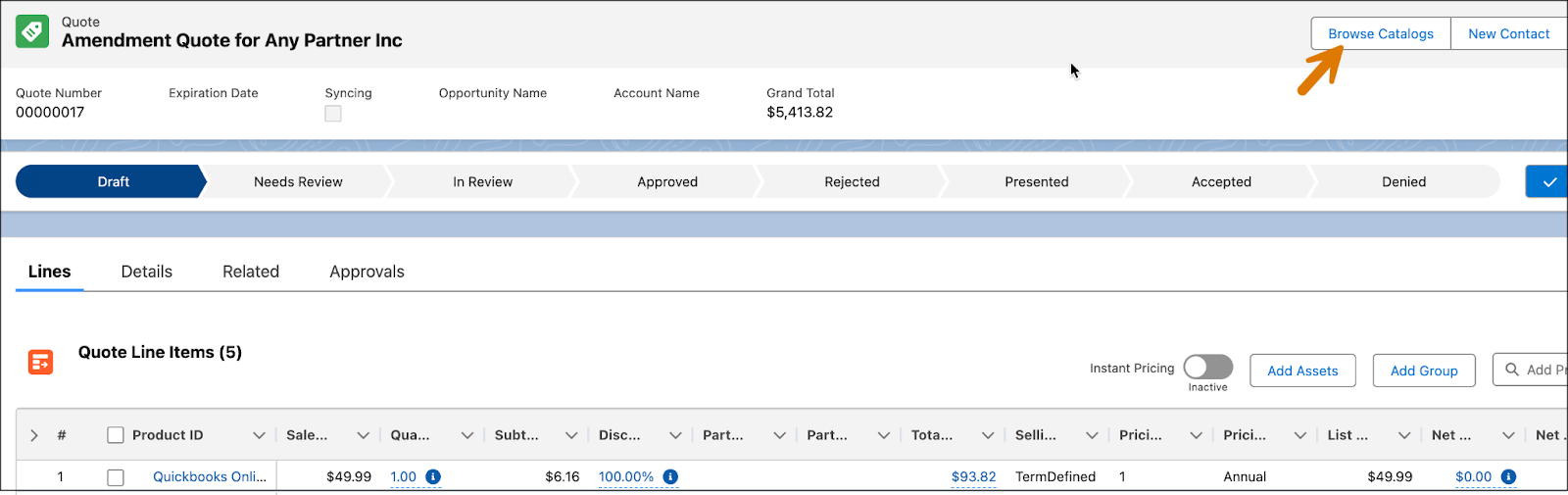 見積の [Browse Catalogs (カタログを参照)] ボタン。
